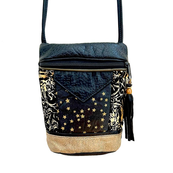 Leather and Suede Mixed Media Black and Gold Handbag Crossbody - Picture 3 of 10